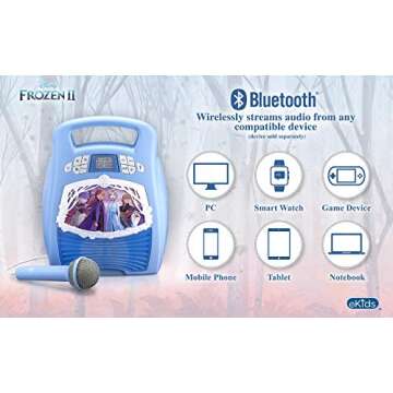 Frozen 2 Bluetooth Portable MP3 Karaoke Machine Player with Light Show Store Hours of Music with Built in Memory Sing Along Using The Real Working Microphone USB Port to Expand Your Content