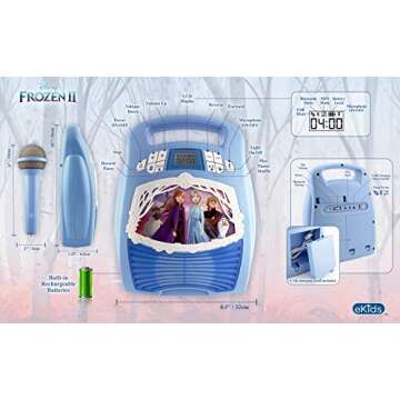Frozen 2 Bluetooth Portable MP3 Karaoke Machine Player with Light Show Store Hours of Music with Built in Memory Sing Along Using The Real Working Microphone USB Port to Expand Your Content
