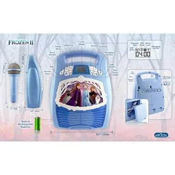 Frozen 2 Bluetooth Portable MP3 Karaoke Machine Player with Light Show Store Hours of Music with Built in Memory Sing Along Using The Real Working Microphone USB Port to Expand Your Content