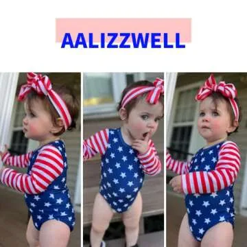 Aalizzwell Newborn Baby Girls 4th of July One Piece Long Sleeve Independence Day Swimsuit American Flag Bathing Suit Patriotic Swimwear Beach NB