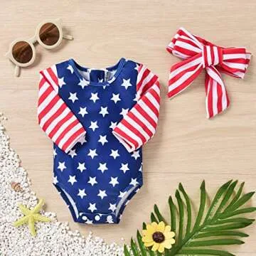 Aalizzwell Newborn Baby Girls 4th of July One Piece Long Sleeve Independence Day Swimsuit American Flag Bathing Suit Patriotic Swimwear Beach NB