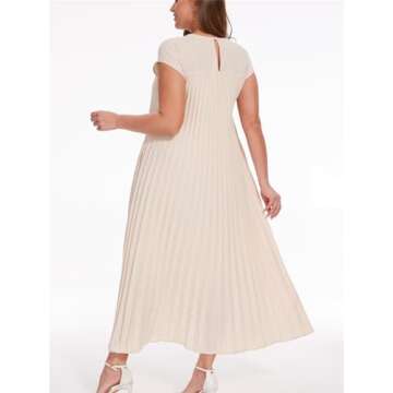 HOULENGS Women's 2025 Casual Short Sleeve Pleated Maxi Dress Loose Fit Crewneck Flowy Long Dress wit...