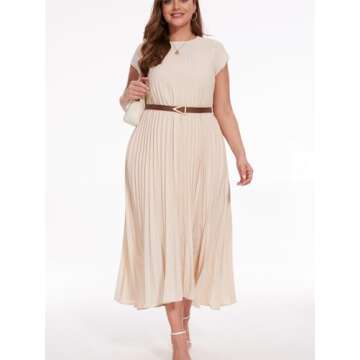 HOULENGS Women's 2025 Casual Short Sleeve Pleated Maxi Dress Loose Fit Crewneck Flowy Long Dress with Pockets Beige Small