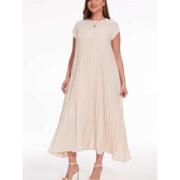 HOULENGS Women's 2025 Casual Short Sleeve Pleated Maxi Dress Loose Fit Crewneck Flowy Long Dress with Pockets Beige Small