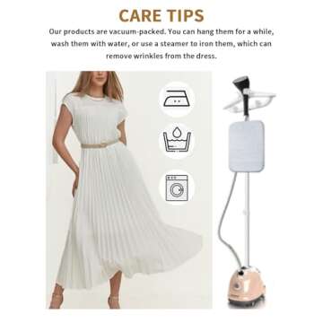 HOULENGS Women's 2025 Casual Short Sleeve Pleated Maxi Dress Loose Fit Crewneck Flowy Long Dress with Pockets Beige Small