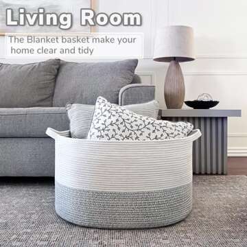 INDRESSME XXX Large Rope Basket Woven Storage Basket Pillow, Blanket Basket Gray Laundry Basket, Oblong Design