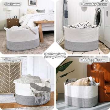 INDRESSME XXX Large Rope Basket Woven Storage Basket Pillow, Blanket Basket Gray Laundry Basket, Oblong Design