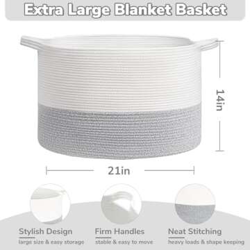 INDRESSME XXX Large Rope Basket Woven Storage Basket Pillow, Blanket Basket Gray Laundry Basket, Oblong Design