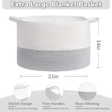 INDRESSME XXX Large Rope Basket Woven Storage Basket Pillow, Blanket Basket Gray Laundry Basket, Oblong Design