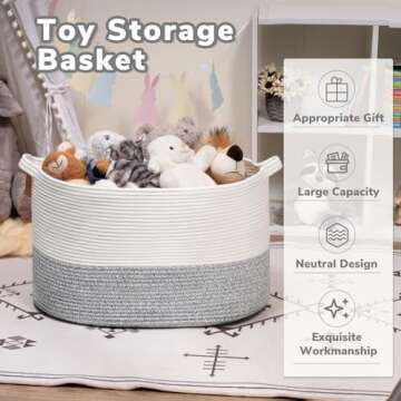 INDRESSME XXX Large Rope Basket Woven Storage Basket Pillow, Blanket Basket Gray Laundry Basket, Oblong Design