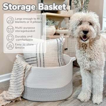 INDRESSME XXX Large Rope Basket Woven Storage Basket Pillow, Blanket Basket Gray Laundry Basket, Oblong Design