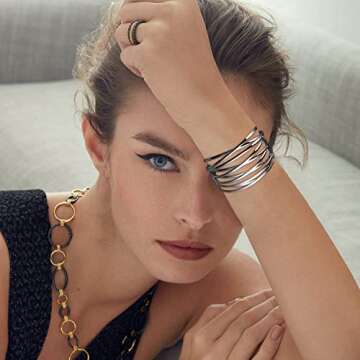 LILIE&WHITE Silver Cuff Bangle Bracelet For Women Silver Line Web Cuff Bracelet Chunky Gold Cuffs Cute Bangle Bracelet