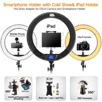 Ring Light with Stand and Remote Controller,19" Light Ring with Softbox Diffuser and iPad Holder, 60W 3000-5800K CRI≥97 Large Ring Light with 4 Color Filters for YouTube,TikTok Video Shooting