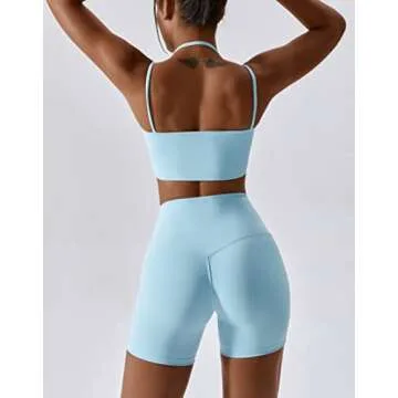 ABOCIW Workout Sets for Women Halter Bandeau Sport Bra Crop Tops High Waist Booty Shorts 2 Piece Gym...