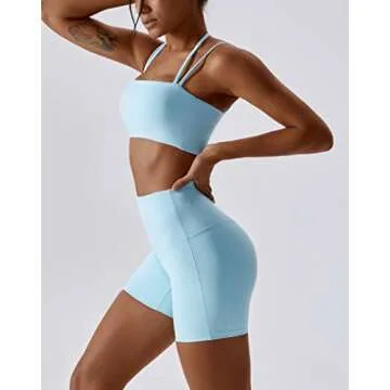ABOCIW Workout Sets for Women Halter Bandeau Sport Bra Crop Tops High Waist Booty Shorts 2 Piece Gym Set Fitness Yoga Outfits Z-Light Blue Small