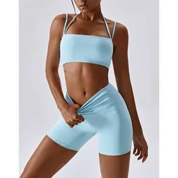 ABOCIW Workout Sets for Women Halter Bandeau Sport Bra Crop Tops High Waist Booty Shorts 2 Piece Gym Set Fitness Yoga Outfits Z-Light Blue Small