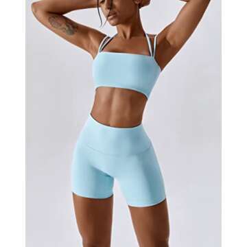 ABOCIW Workout Sets for Women Halter Bandeau Sport Bra Crop Tops High Waist Booty Shorts 2 Piece Gym Set Fitness Yoga Outfits Z-Light Blue Small