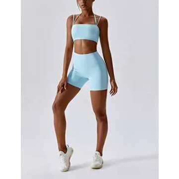 ABOCIW Workout Sets for Women Halter Bandeau Sport Bra Crop Tops High Waist Booty Shorts 2 Piece Gym Set Fitness Yoga Outfits Z-Light Blue Small