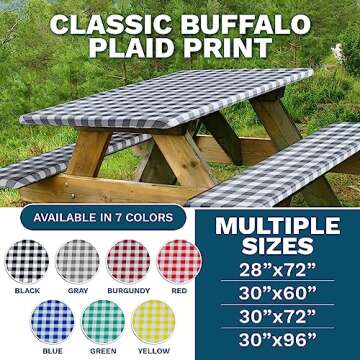 Sorfey Picnic Table Cover with Bench Covers -Fitted with Elastic, Vinyl with Flannel Back, Fits for Table 28"x 72" Rectangle,Water Proof, Checked Blue Design