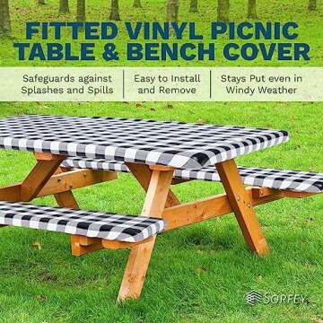 Sorfey Picnic Table Cover with Bench Covers -Fitted with Elastic, Vinyl with Flannel Back, Fits for Table 28"x 72" Rectangle,Water Proof, Checked Blue Design