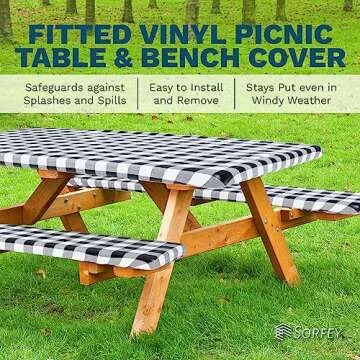 Sorfey Picnic Table Cover with Bench Covers -Fitted with Elastic, Vinyl with Flannel Back, Fits for Table 28"x 72" Rectangle,Water Proof, Checked Blue Design
