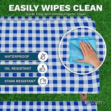 Sorfey Picnic Table Cover with Bench Covers -Fitted with Elastic, Vinyl with Flannel Back, Fits for Table 28"x 72" Rectangle,Water Proof, Checked Blue Design