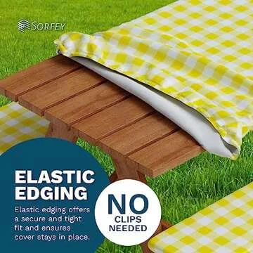 Sorfey Picnic Table Cover with Bench Covers -Fitted with Elastic, Vinyl with Flannel Back, Fits for Table 28"x 72" Rectangle,Water Proof, Checked Blue Design