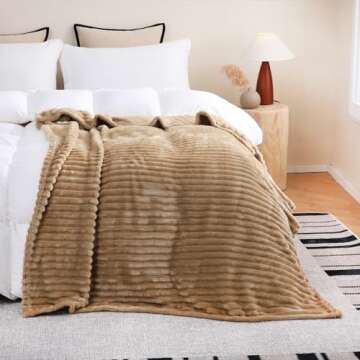 Linecooo Tan Fleece Throw Blanket 50”×60” for Couch Sofa Bed,Super Soft Cozy Plush Microfiber Flannel Blanket with Stripes Design Lightweight for Adults,Woman,Girls