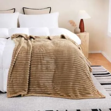 Linecooo Tan Fleece Throw Blanket 50”×60” for Couch Sofa Bed,Super Soft Cozy Plush Microfiber Flannel Blanket with Stripes Design Lightweight for Adults,Woman,Girls