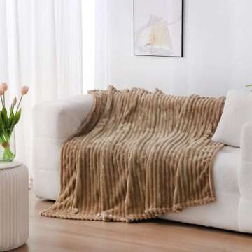 Linecooo Tan Fleece Throw Blanket 50”×60” for Couch Sofa Bed,Super Soft Cozy Plush Microfiber Flannel Blanket with Stripes Design Lightweight for Adults,Woman,Girls
