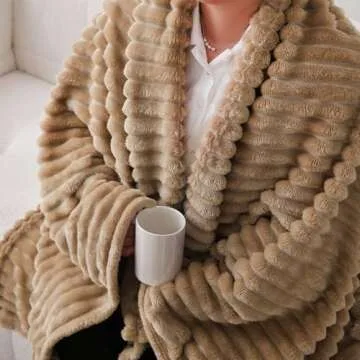 Linecooo Tan Fleece Throw Blanket 50”×60” for Couch Sofa Bed,Super Soft Cozy Plush Microfiber Flannel Blanket with Stripes Design Lightweight for Adults,Woman,Girls