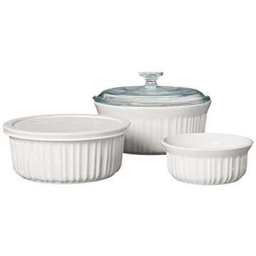 CorningWare French White 7-Pc Ceramic Bakeware Set with Lids, Chip and Crack Resistant Stoneware Bak...