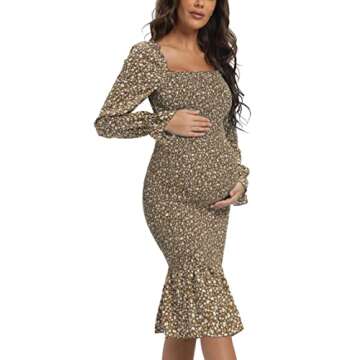 Elegant Maternity Spring Floral Midi Bodycon Dress with Puff Sleeves