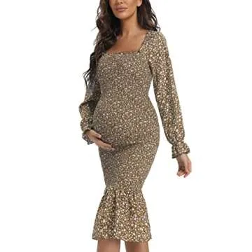 Chic Maternity Floral Midi Bodycon Dress for Baby Showers