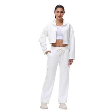 Cute 2 Piece Sets Outfits for Women Wide Leg Cargo Sweat Pants Long Sleeve Cropped Sweatshirt Matchi...