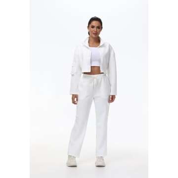 Cute 2 Piece Sets Outfits for Women Wide Leg Cargo Sweat Pants Long Sleeve Cropped Sweatshirt Matching Sweatsuit Tracksuit Lounge two Gym Workout Athletic Golf Business Casual Trendy Clothes White M