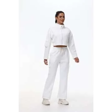Cute 2 Piece Sets Outfits for Women Wide Leg Cargo Sweat Pants Long Sleeve Cropped Sweatshirt Matching Sweatsuit Tracksuit Lounge two Gym Workout Athletic Golf Business Casual Trendy Clothes White M