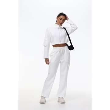 Cute 2 Piece Sets Outfits for Women Wide Leg Cargo Sweat Pants Long Sleeve Cropped Sweatshirt Matching Sweatsuit Tracksuit Lounge two Gym Workout Athletic Golf Business Casual Trendy Clothes White M