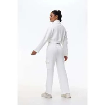Cute 2 Piece Sets Outfits for Women Wide Leg Cargo Sweat Pants Long Sleeve Cropped Sweatshirt Matching Sweatsuit Tracksuit Lounge two Gym Workout Athletic Golf Business Casual Trendy Clothes White M
