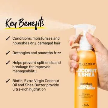 Marc Anthony Leave-In Conditioner Spray, Coconut Oil & Shea Butter - Anti-Frizz Biotin Detangling Spray to Moisturize for Softer Smoother Hair - Color Safe & Sulfate Free Styling Product