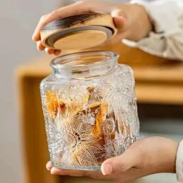 ANSQU Square Glass Jar, Vintage Glass Jar with Airtight Lid, 25.4 FL OZ Glass Food Storage Jar for Kitchen Pantry, Candy Jar Sugar Container (Square Sunflower)