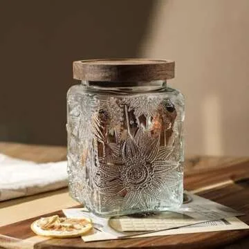 ANSQU Square Glass Jar, Vintage Glass Jar with Airtight Lid, 25.4 FL OZ Glass Food Storage Jar for Kitchen Pantry, Candy Jar Sugar Container (Square Sunflower)