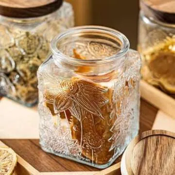 ANSQU Square Glass Jar, Vintage Glass Jar with Airtight Lid, 25.4 FL OZ Glass Food Storage Jar for Kitchen Pantry, Candy Jar Sugar Container (Square Sunflower)