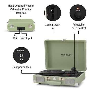 Crosley CR8005F-MT Cruiser Plus Vintage 3-Speed Bluetooth in/Out Suitcase Vinyl Record Player Turntable, Mint