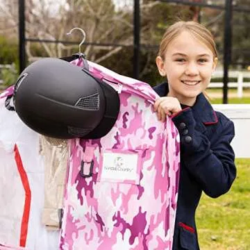 Waterproof Hanging Garment Bag 40 inch Clothes Bag with Gusset, 5 Pockets & Side Zip for Dance Costumes, Cheer, Skating, Theatre, Beauty Pageants & More by Kendall Country, Camo Pink