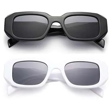 COASION Retro 90s Rectangle Sunglasses for Women Fashion Sun Glasses Vintage Small Square Frame UV400 Protection Eyewear (Black/Grey + White/Grey)