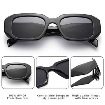 COASION Retro 90s Rectangle Sunglasses for Women Fashion Sun Glasses Vintage Small Square Frame UV400 Protection Eyewear (Black/Grey + White/Grey)