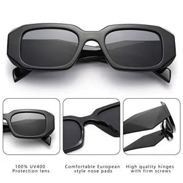 COASION Retro 90s Rectangle Sunglasses for Women Fashion Sun Glasses Vintage Small Square Frame UV400 Protection Eyewear (Black/Grey + White/Grey)