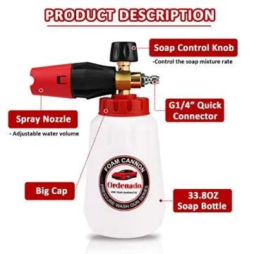 Ordenado Adjustable Foam Cannon 1 Liter Bottle Snow Foam Lance Professional Car Wash Pressure Washer Gun Jet Wash Fit 1/4" Quick Connector Foam Blaster Car Detailing Accessories 02