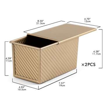 Beasea Pullman Loaf Pan 2 Pack, 1 lb Non-Stick Bread Pan with Lid Carbon Steel Gold Toast Box Mold W...